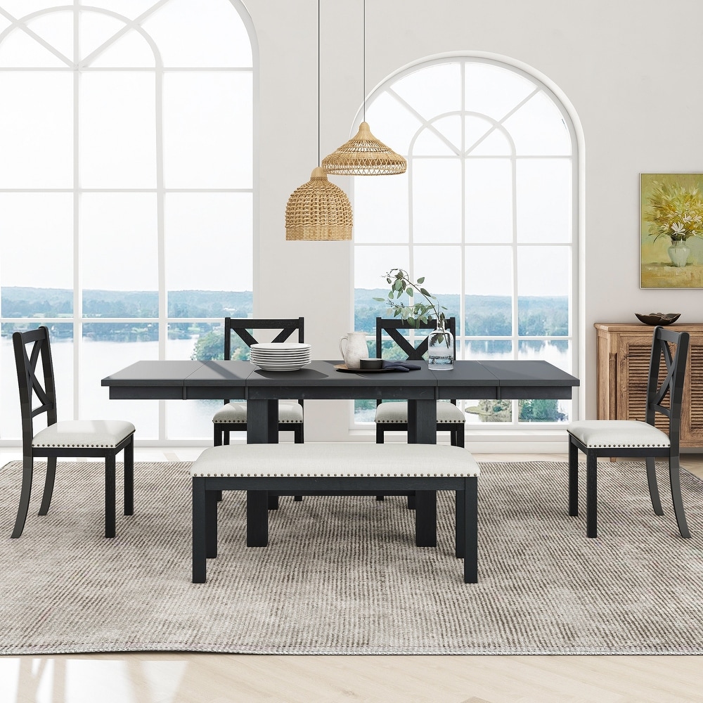 Farmhouse 6 Piece Dining Set with Rectangular Extendable Dining Table and Upholstered Chairs   Bench w/Nailhead for Diningroom