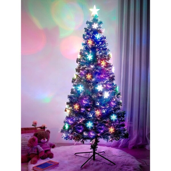 7 ft PreLit Christmas Artificial Tree，with LED Lights，Snowflakes and Top Star，Festive Party Fake Xmas Tree with Metal Legs