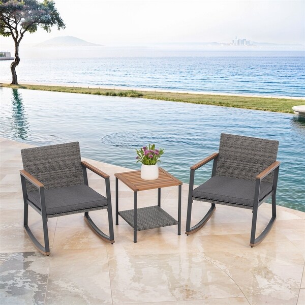 3 Pieces Rocking Wicker Bistro Set，Patio Outdoor Furniture Conversation Sets with Porch Chairs and Glass Coffee Table