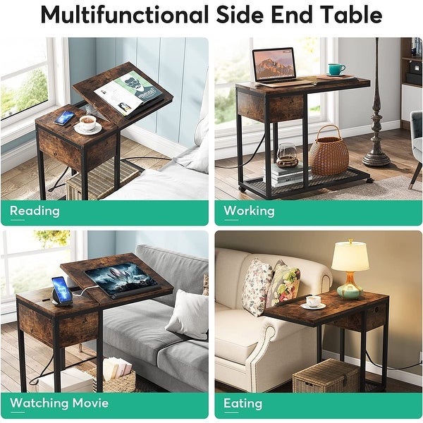 C Shaped Table with Outlet and USB Ports， Couch Side Table with Charging Station