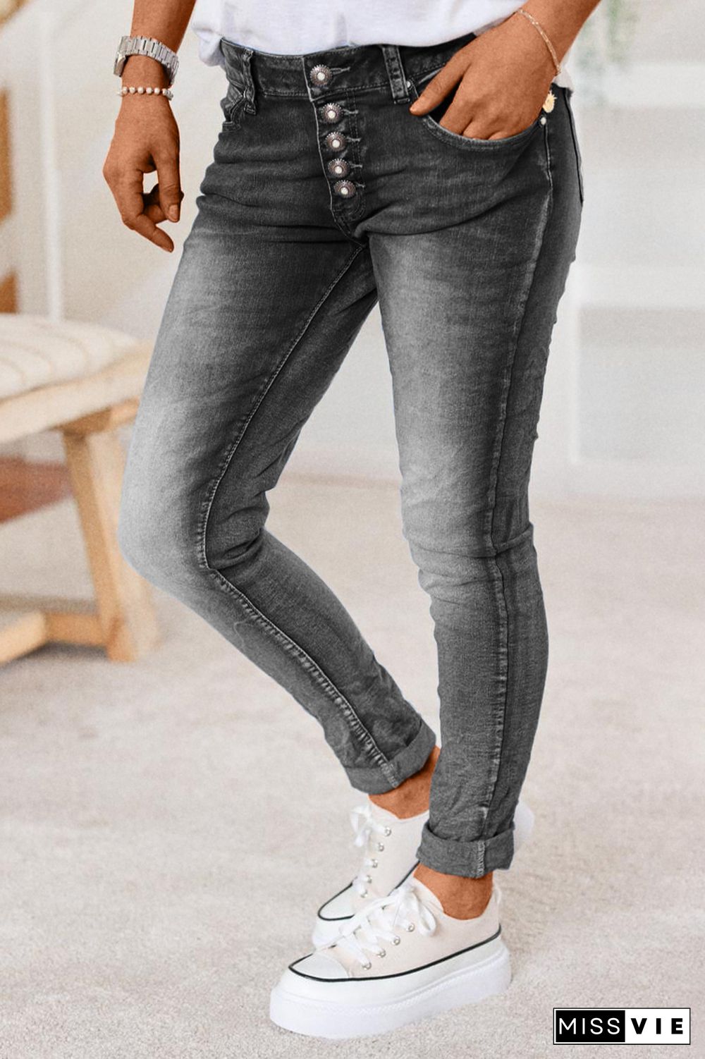 Button Fly Rolled Hem Low Waist Skinny Jeans