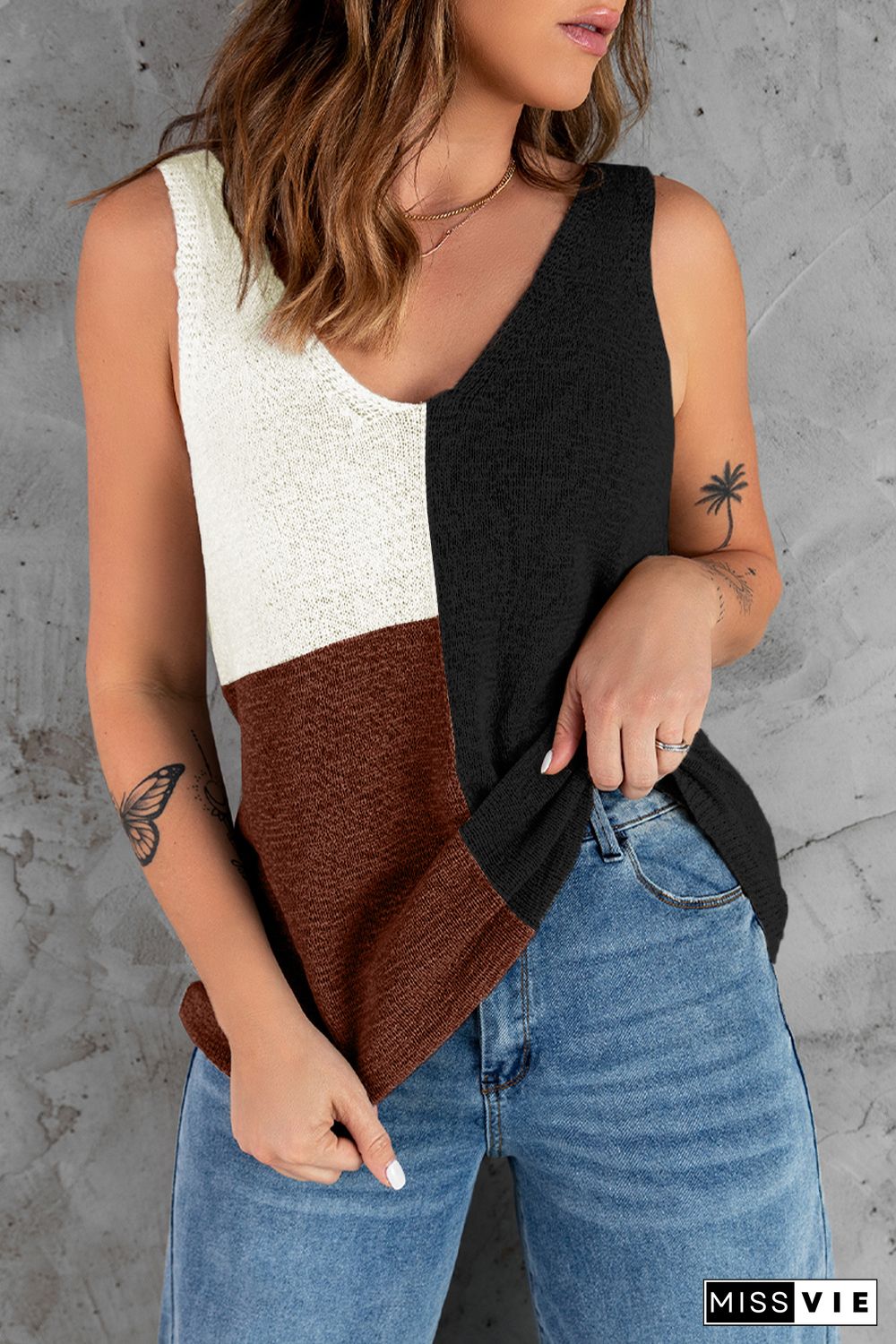 Black Color Block Knitted Tank Top