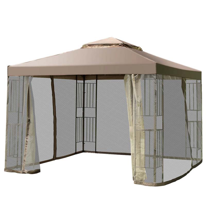 10 x 10 FT Metal Patio Gazebo with Netting, Screw-free Structure Outdoor Canopy Gazebo Tent