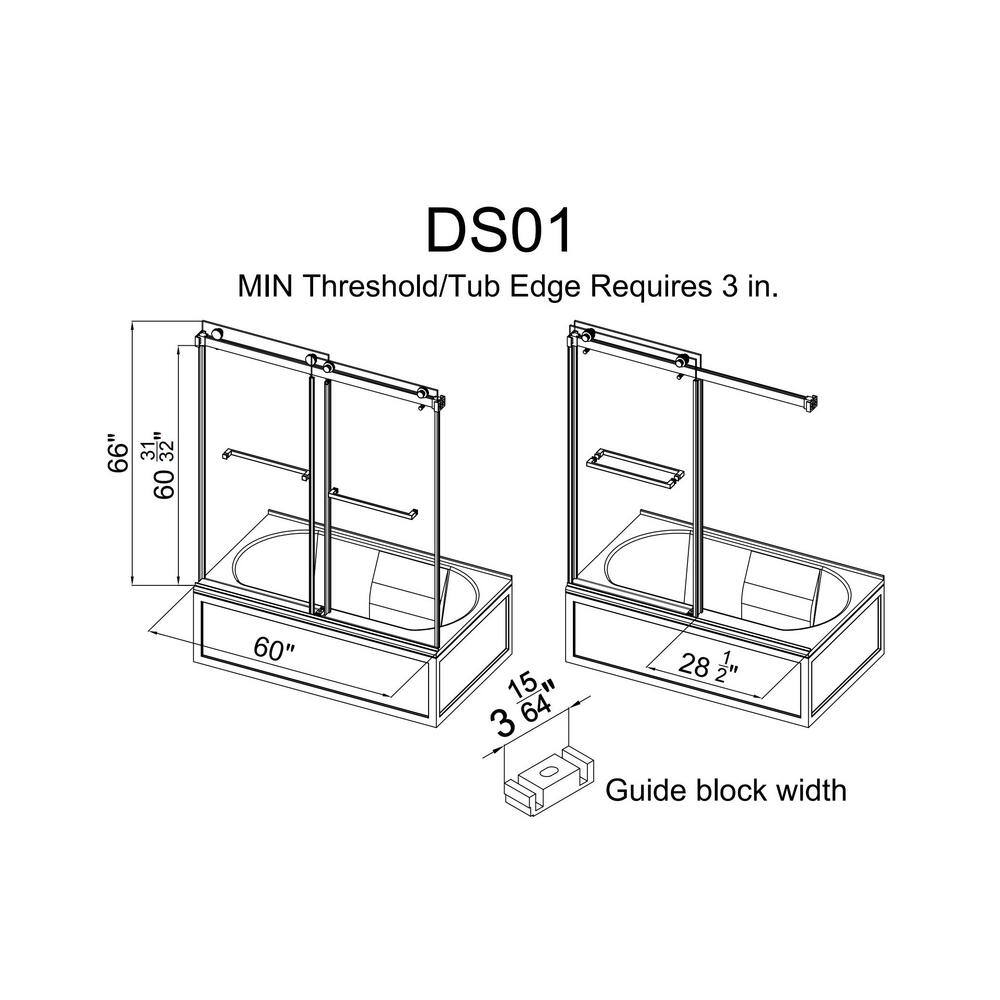 MCOCOD 60 in. W x 66 in. H Double Sliding Frameless Tub Door in Matte Black with Smooth Sliding and 38 in. (10 mm) Glass DS01-60x66-BL