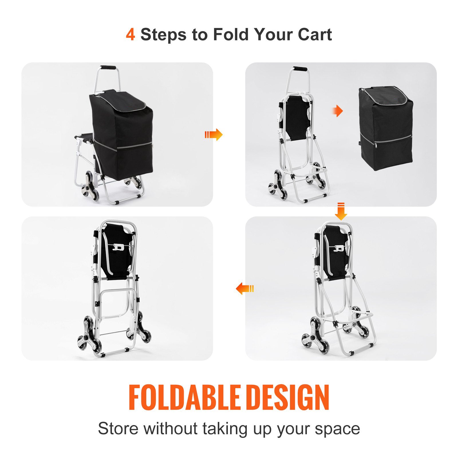 Sturdy 50L Foldable Shopping Stair Climbing Cart With Bag And Seat