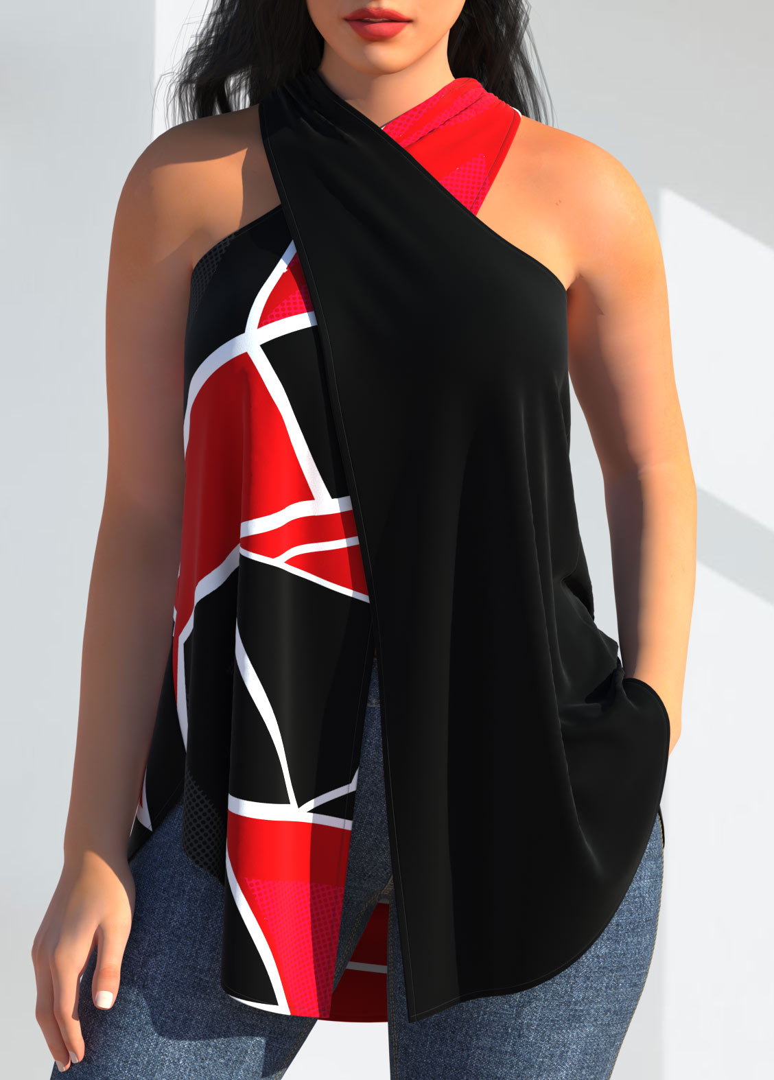 Halter Geometric Print Black Cross Tank Top