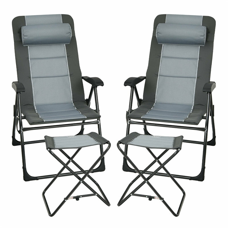 2-Pack Patio Folding Dining Chairs with Ottoman, Headrest, Mesh Bag, 7-Position Outdoor Portable Recliner Lawn Lounge Chair