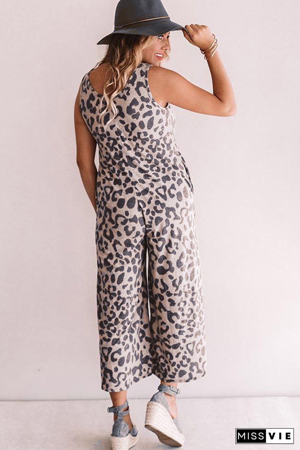 Leopard Leopard Print Pockets Wide Leg Sleeveless Jumpsuit