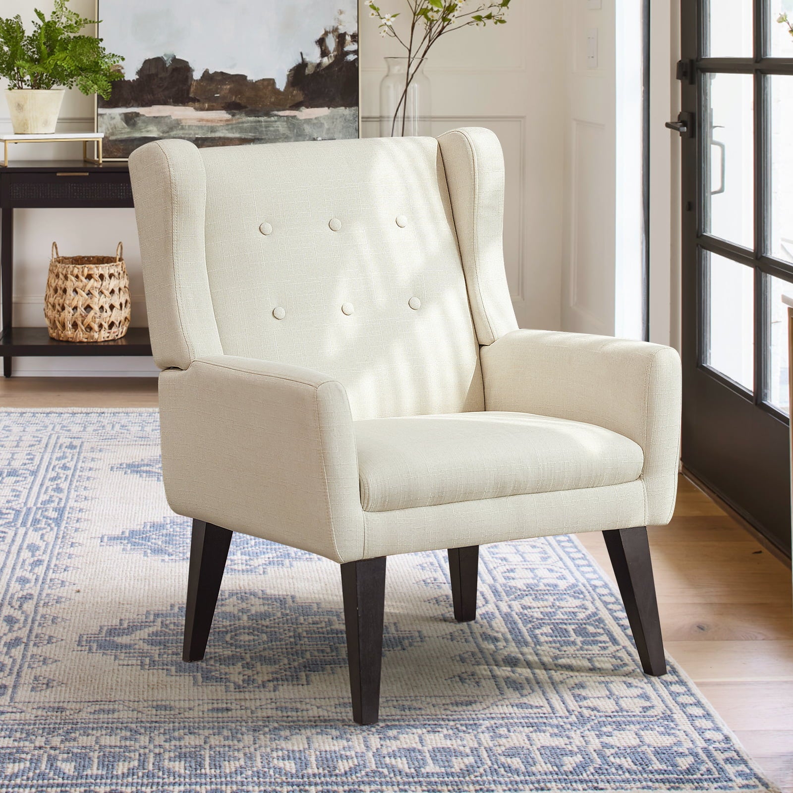 July's Song Accent Chair,Mid Century Modern Wingback Chair,Tufted Fabric Comfy Living Room Chair,Beige