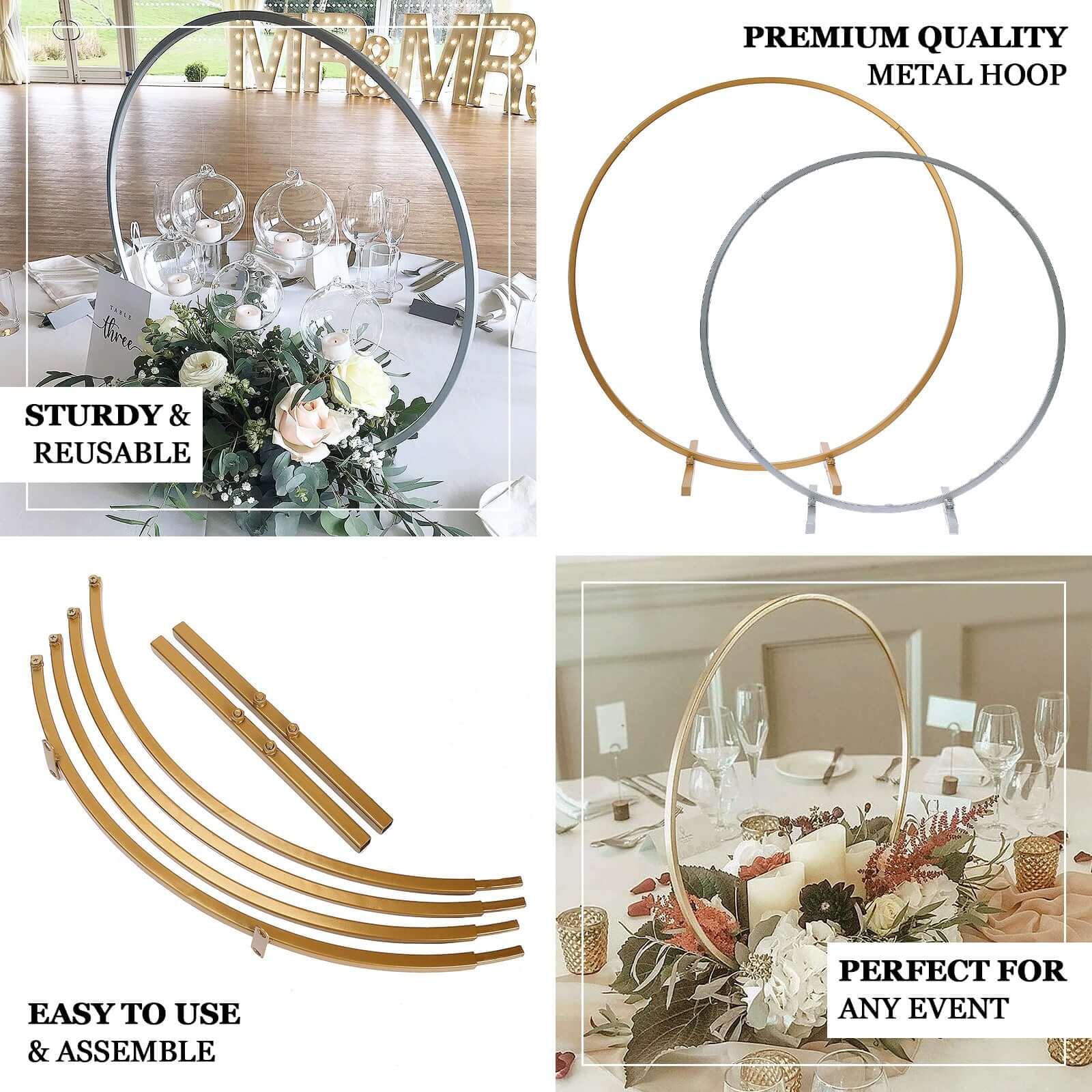 Gold Metal Round Hoop Wedding Centerpiece, Self Standing Table Floral Wreath Frame 32