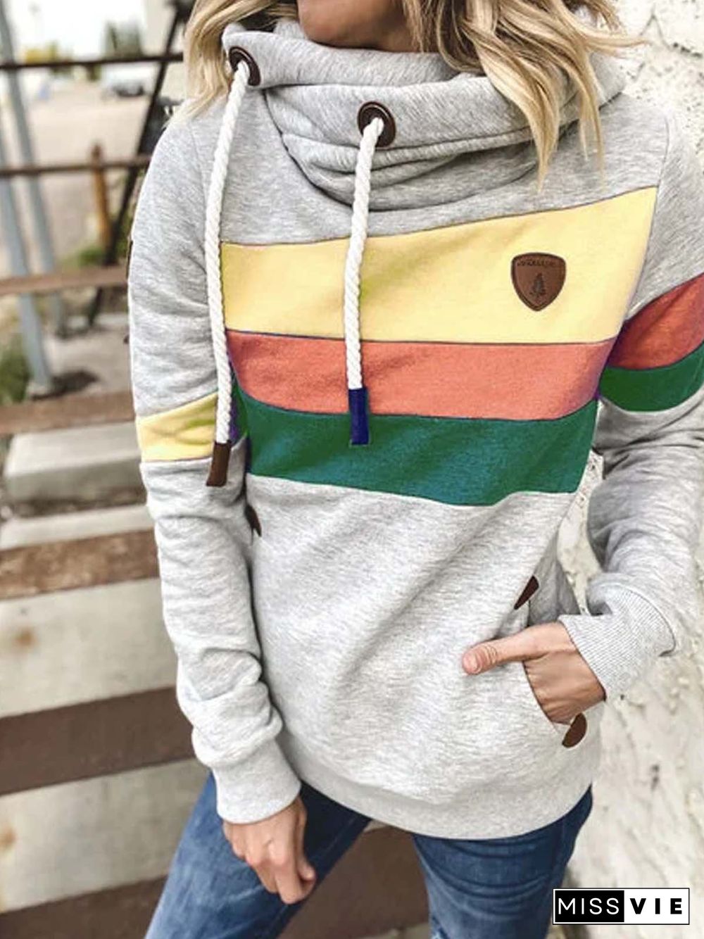 Light Gray Cotton-Blend Casual Patchwork Color-Block Sweatshirts