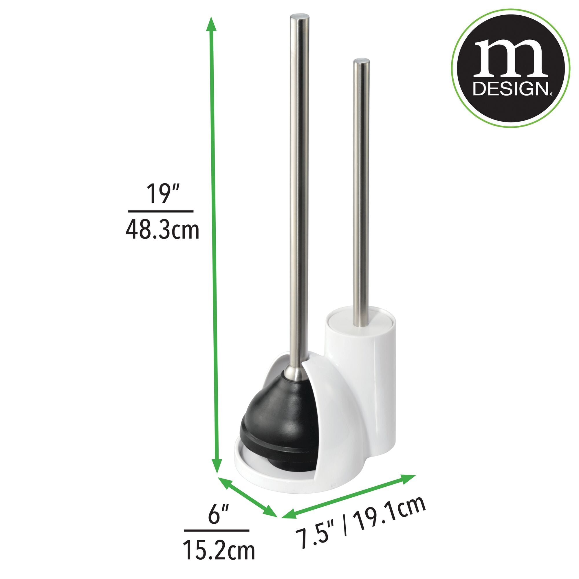 mDesign Compact Plastic Toilet Bowl Brush and Plunger Combo Set with Holder - Caddy for Bathroom Storage - Sturdy， Heavy Duty， Deep Cleaning - White/Brushed