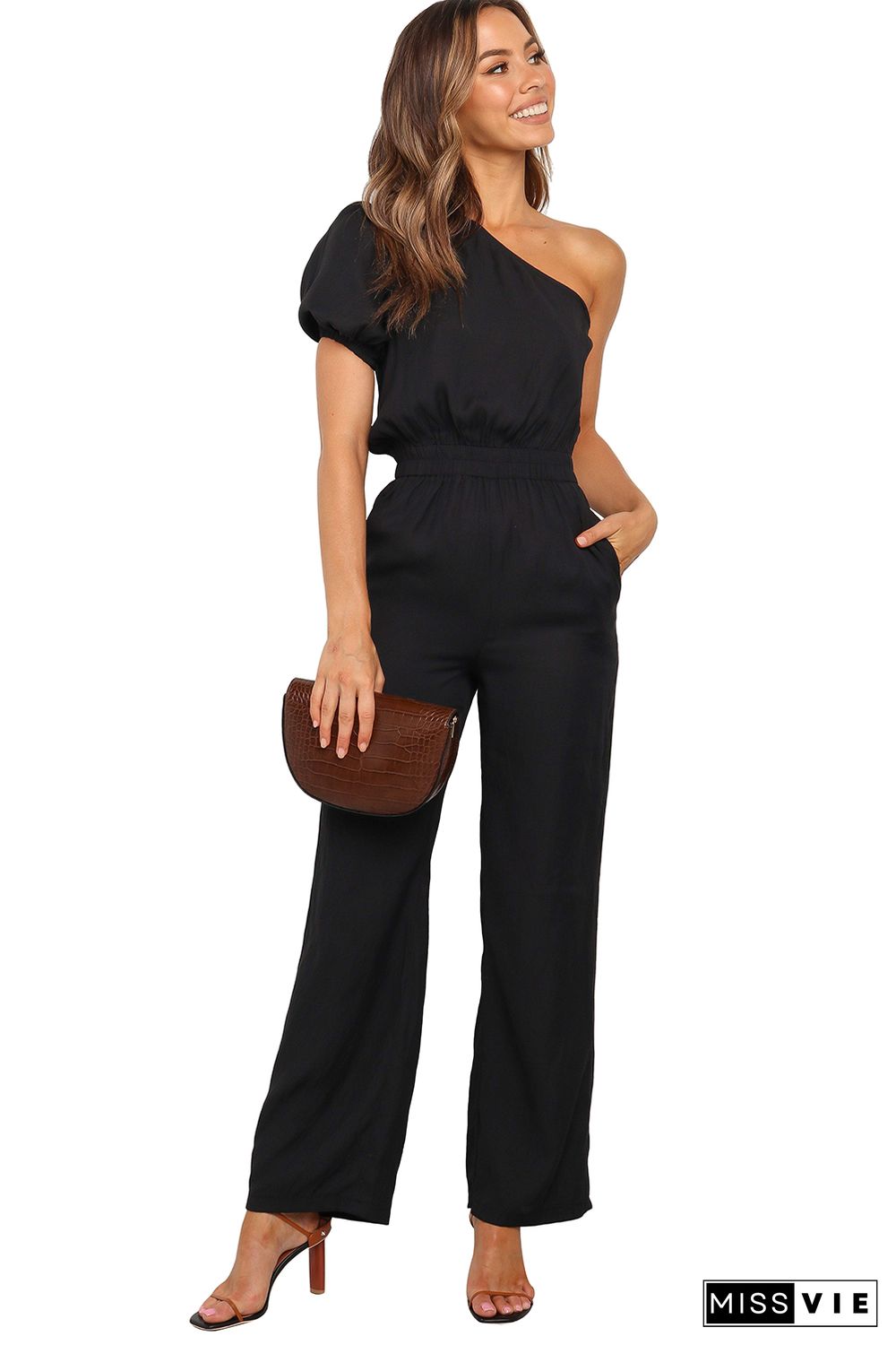 Black One Shoulder Puff Sleeve Elastic High Waist Jumpsuit