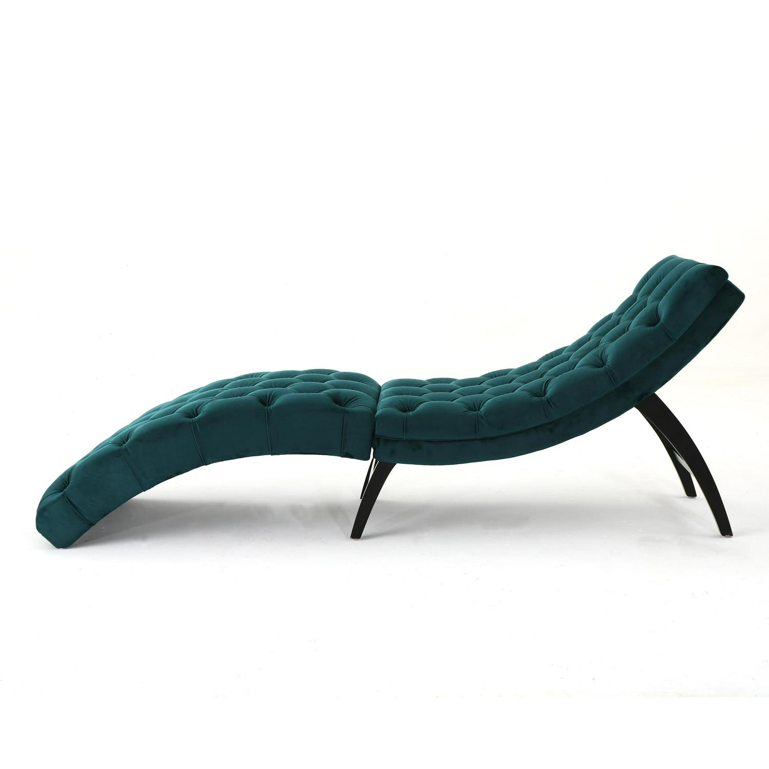 Noble House Wade Indoor Velvet Button Tufted Chaise Lounge， Teal， Dark Brown