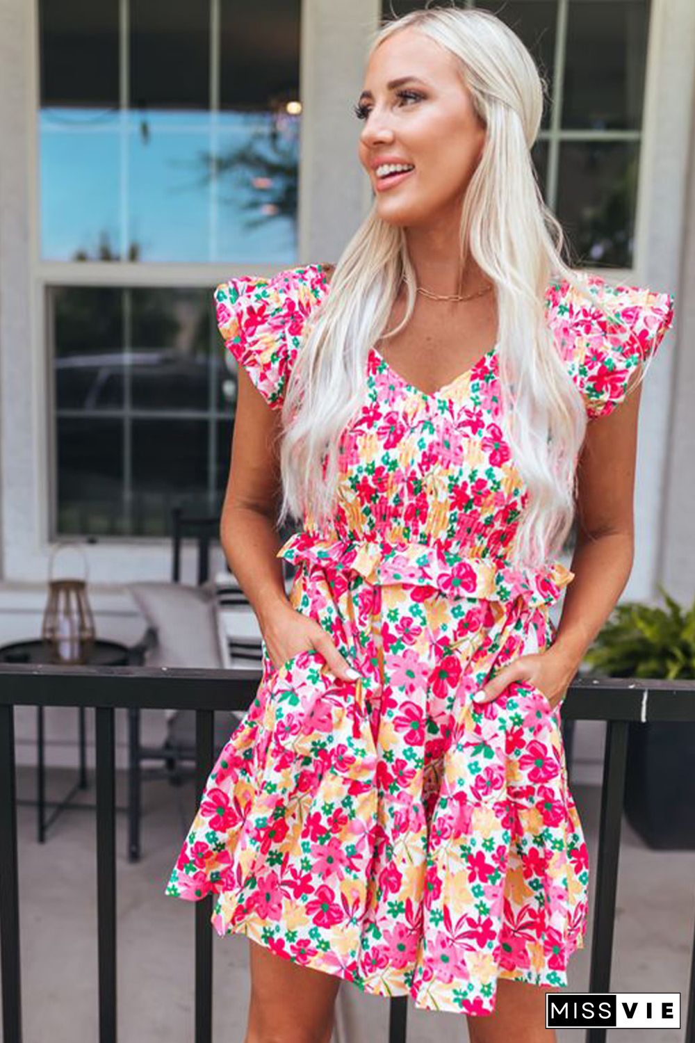 Multicolor Smocked Bodice Ruffle Trim Floral Dress