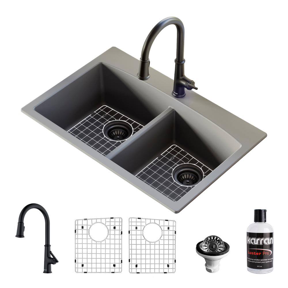 Karran QT- 710 qt. 33 in. 5050 Double Bowl Drop-In Kitchen Sink in Grey with Faucet in Matte Black QT710GRKKF330MB