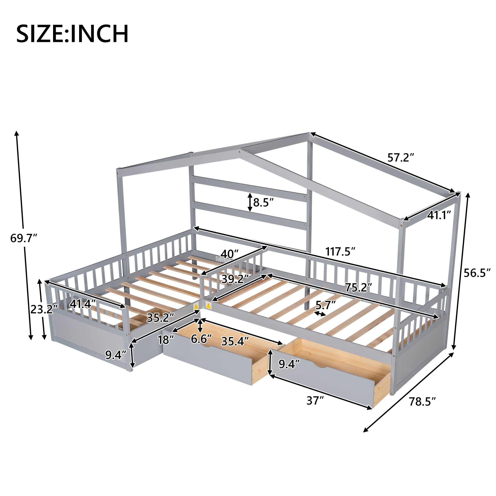 Wood Twin Size Double House Bed with Three Drawers for Kids, Gray