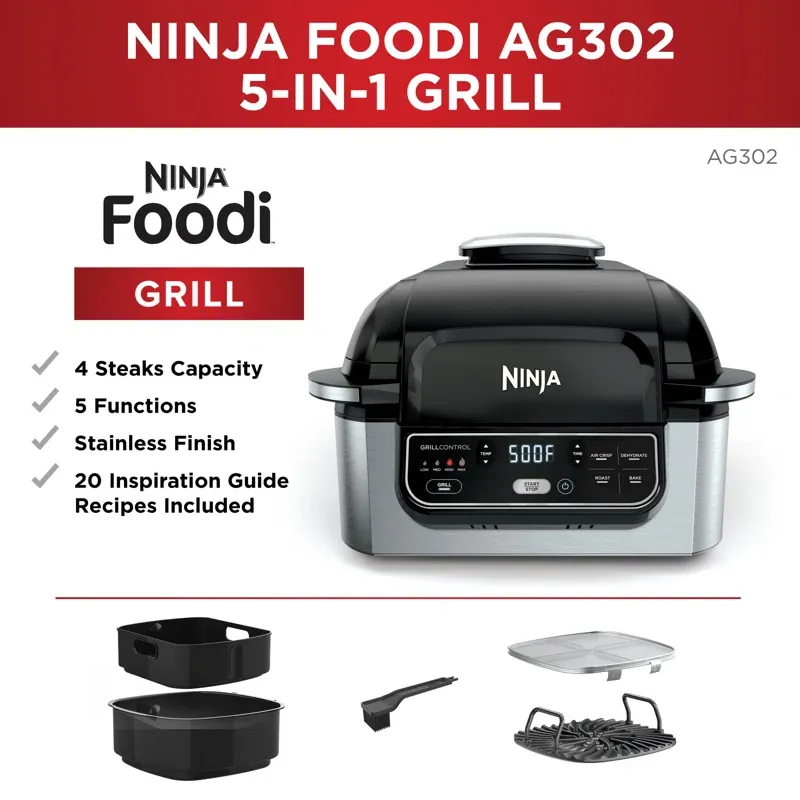 Ninja AG302 Foodi 5-in-1 4-qt. Air Fryer， Roast， Bake， Dehydrate Indoor Electric Grill Black and Silver