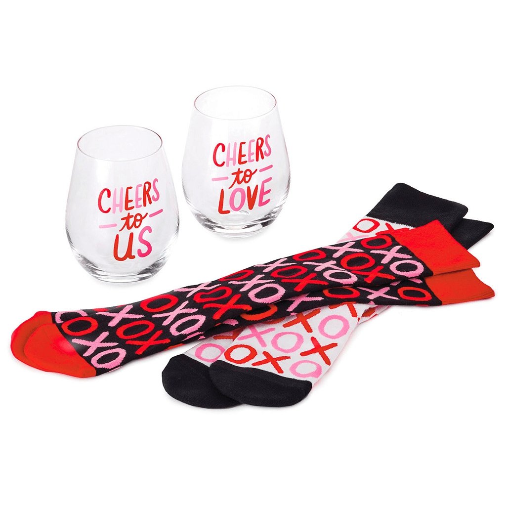 Hallmark  Wine Night Valentine's Day Socks And Wine Glasses, Set of 4