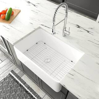 JimsMaison White Fireclay 33 in. Single Bowl Farmhouse Apron Kitchen Sink with Bottom Grid JMWAKS18-3320