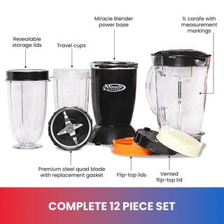 Total Chef Miracle Blender 12 pc Bullet Blender Set 1L Carafe Plus Travel Cups and Lids MBLS01