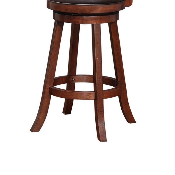 29 Inch Swivel Barstool， Double Cross Back， Wood， Faux Leather， Dark Brown