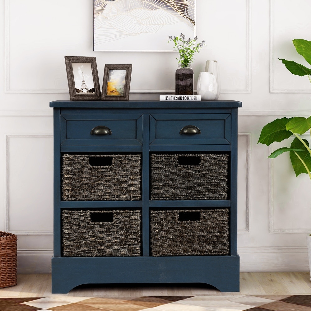 Rustic Storage Cabinet with Two Drawers and Four Classic Rattan Basket for Dining Room/Entryway/Living Room