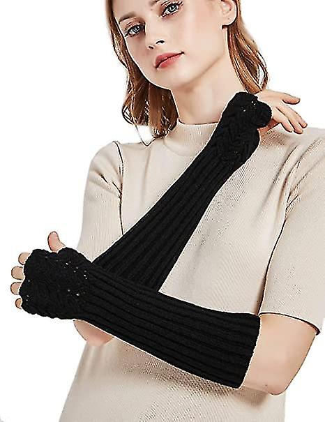 Women's Scale Design Winter Warm Knitted Long Arm Warmers Gloves2setgray + Black