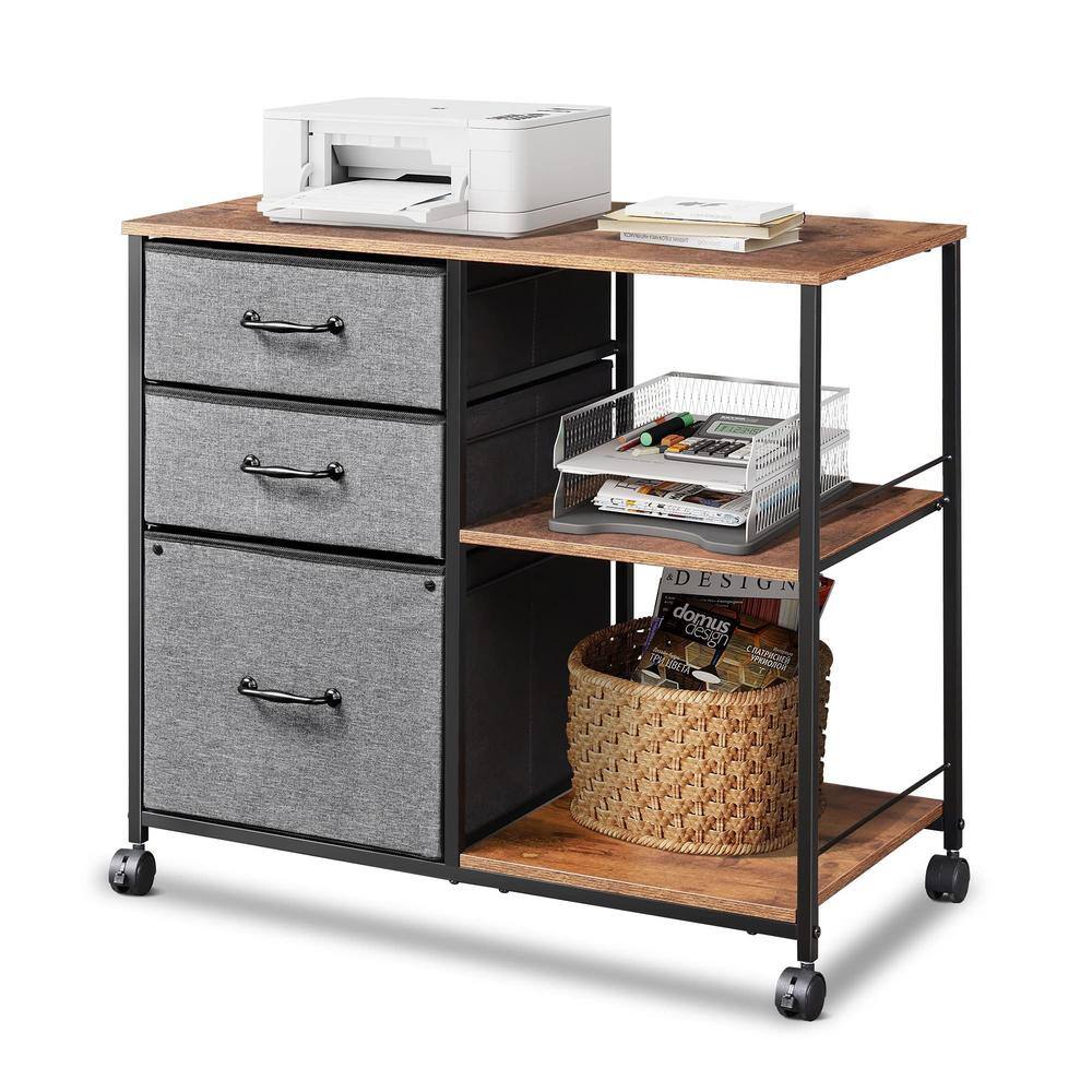 29.5 in. Brown 3-Drawer Mobile File Cabinet with Open Storage Shelf DEV-LQW1-7839