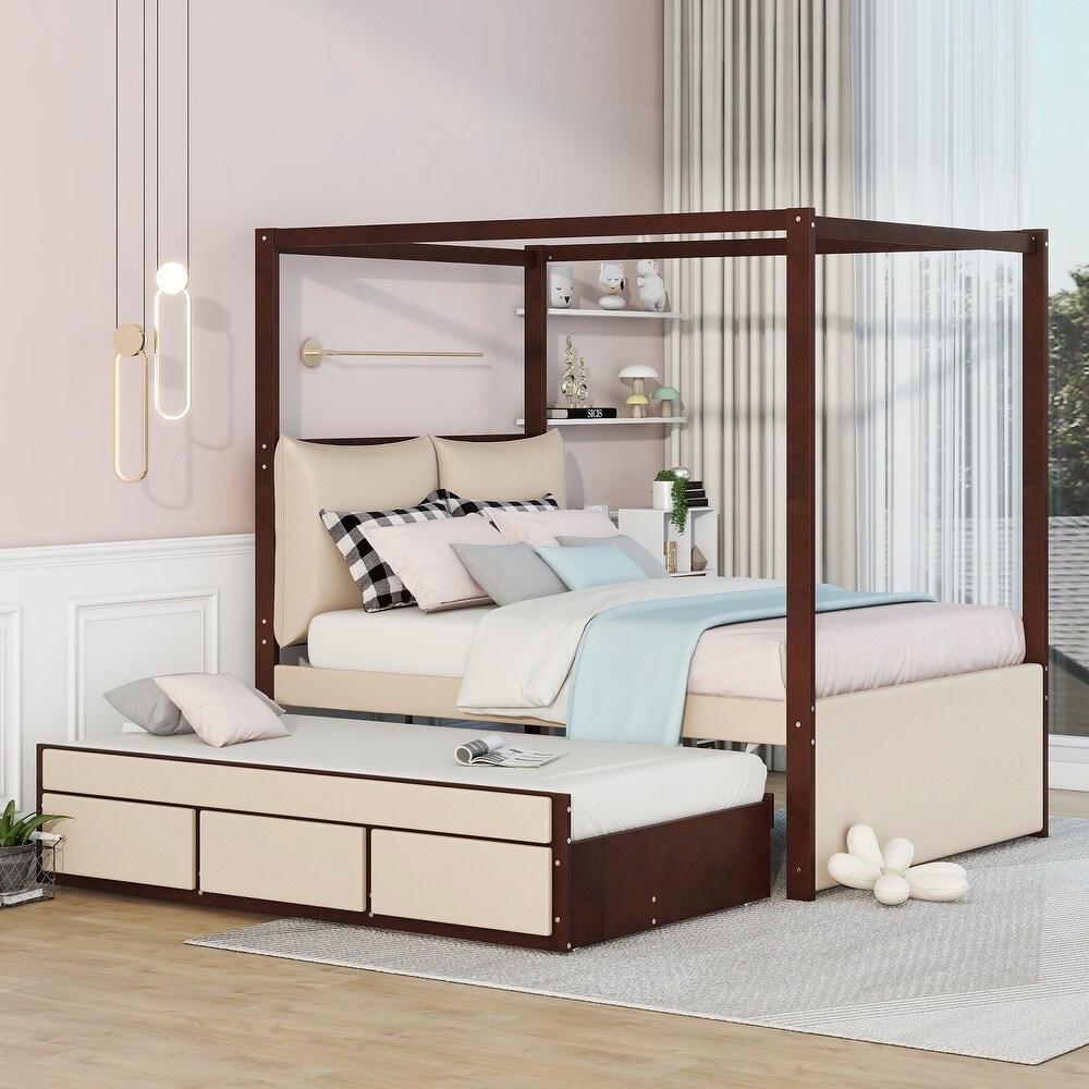 Full Size Canopy Bed Storage Bed with Trundle  Velvet Upholstered Elegance Four Poster Bed Trundle Bed with 3 Drawers