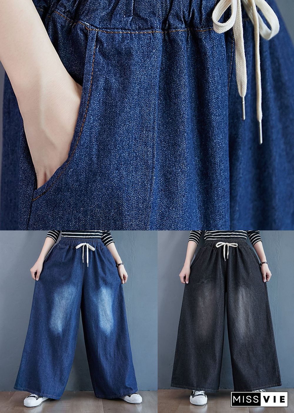 Black Pockets Patchwork Denim Wide Leg Pants Elastic Waist Spring