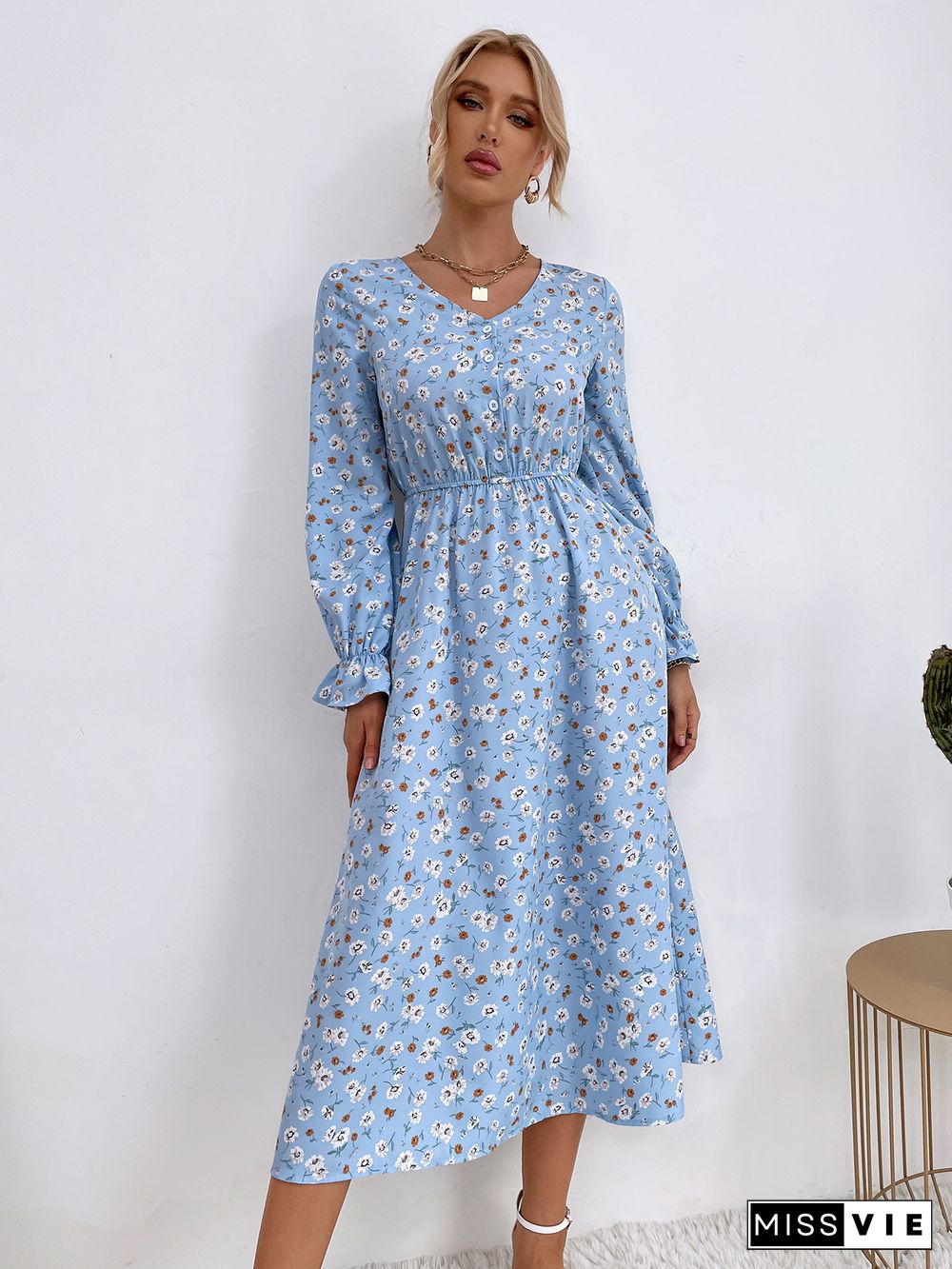 Elegant Women Floral Print Dress Casual Temperament Sweet Single-breasted V-neck Full Flared Sleeve Chic A-line Midi Dress