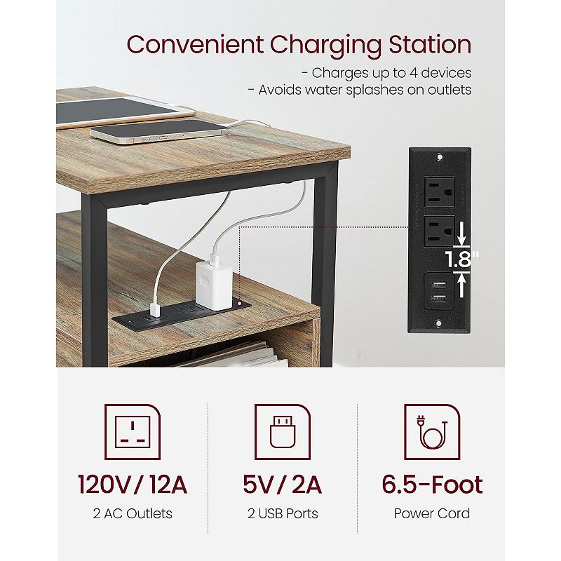 Side Table With Usb Ports， Charging Station And Drawers