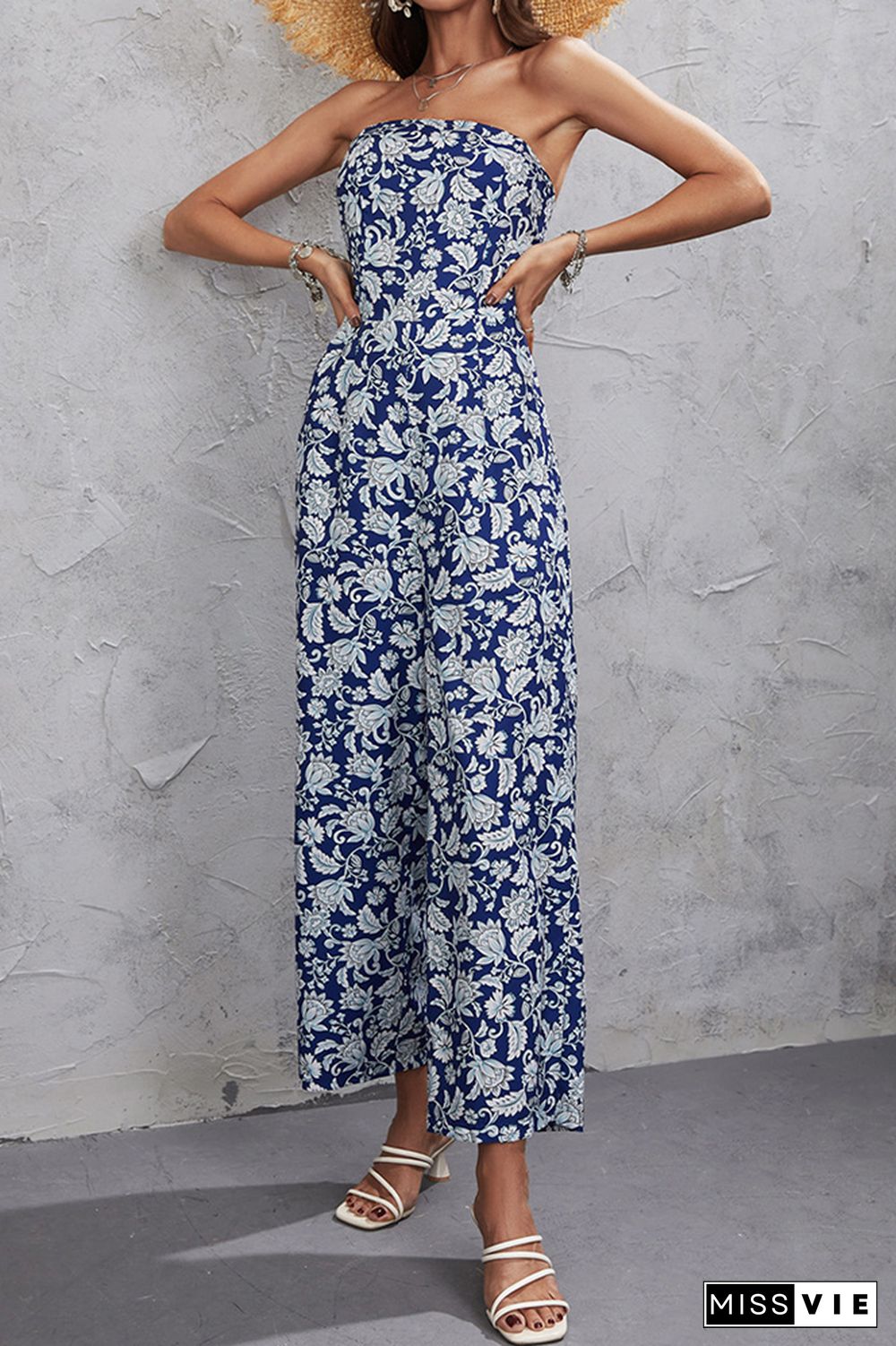 Blue Off Shoulder Wide Leg Floral Jumpsuit