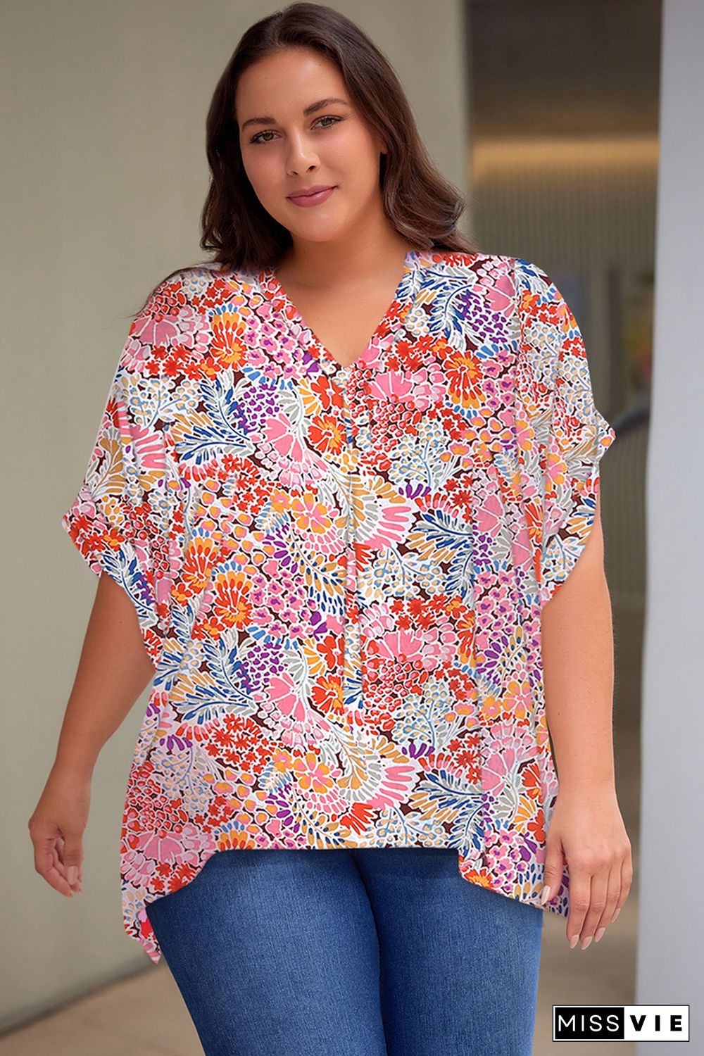 Multicolor Floral V Neck Half Sleeve Plus Size Blouse