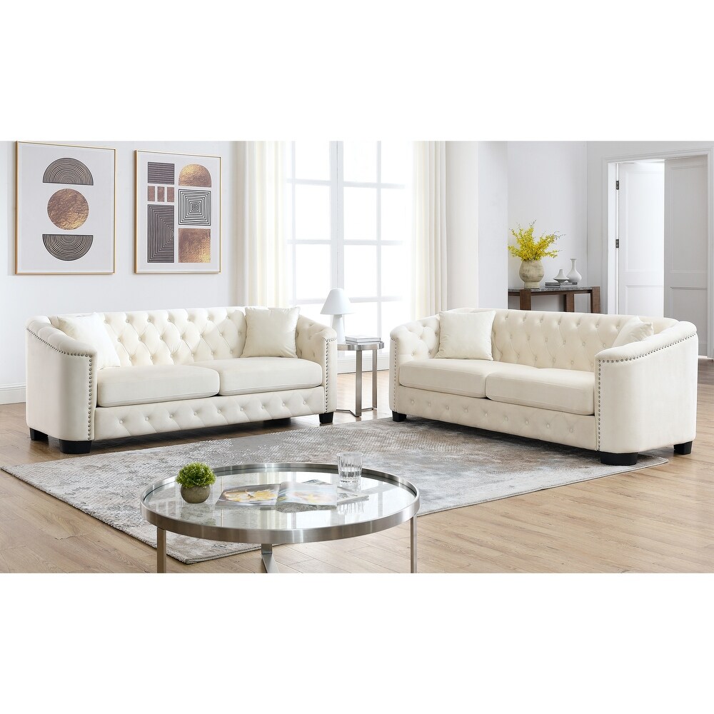 3 seat Sectional Sofa Sets Velvet Loveseat Sofa Button Tufted Lounge Sofa with Pillows and Nailhead Arms for Living Room  Beige