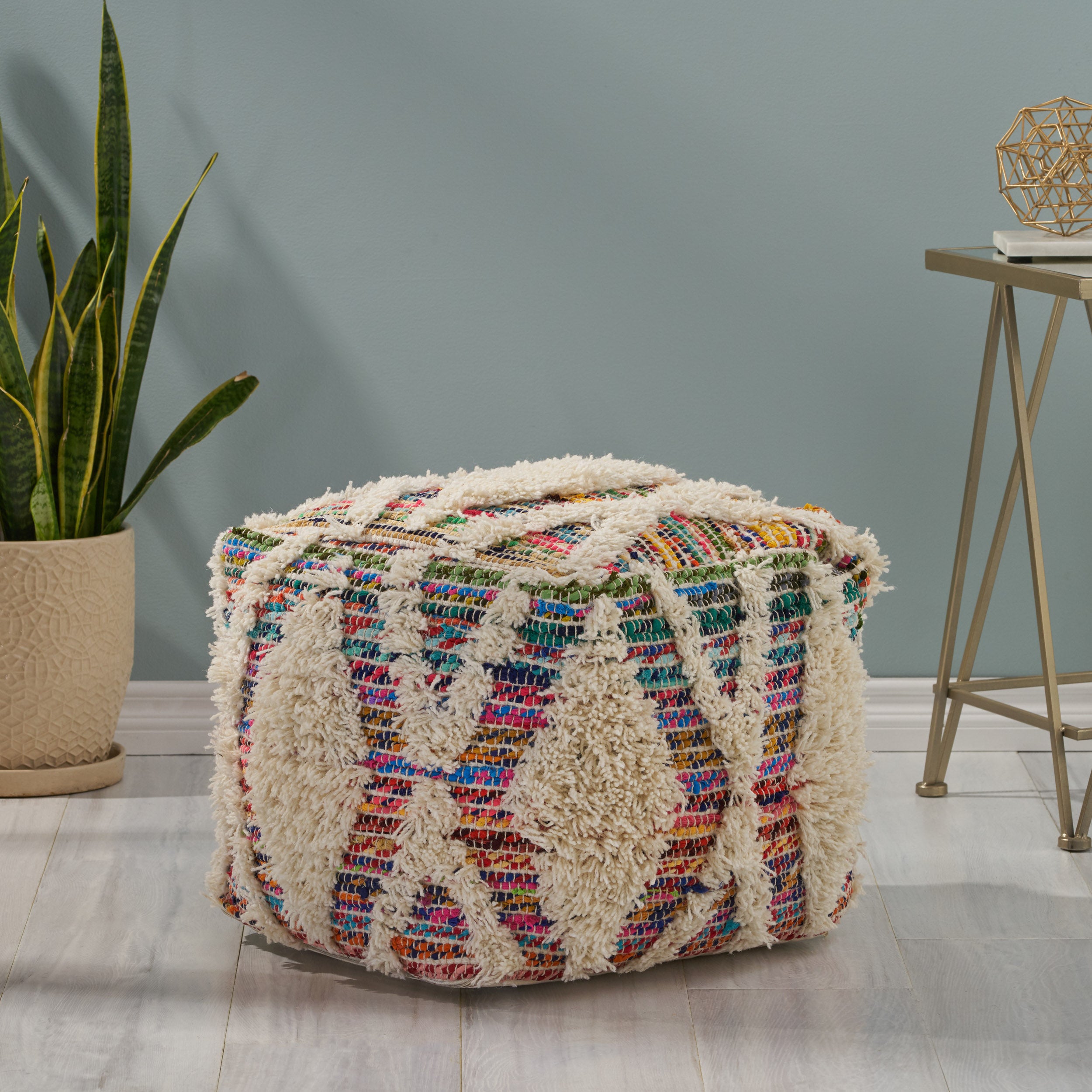 Etoney Boho Wool and Chindi Pouf