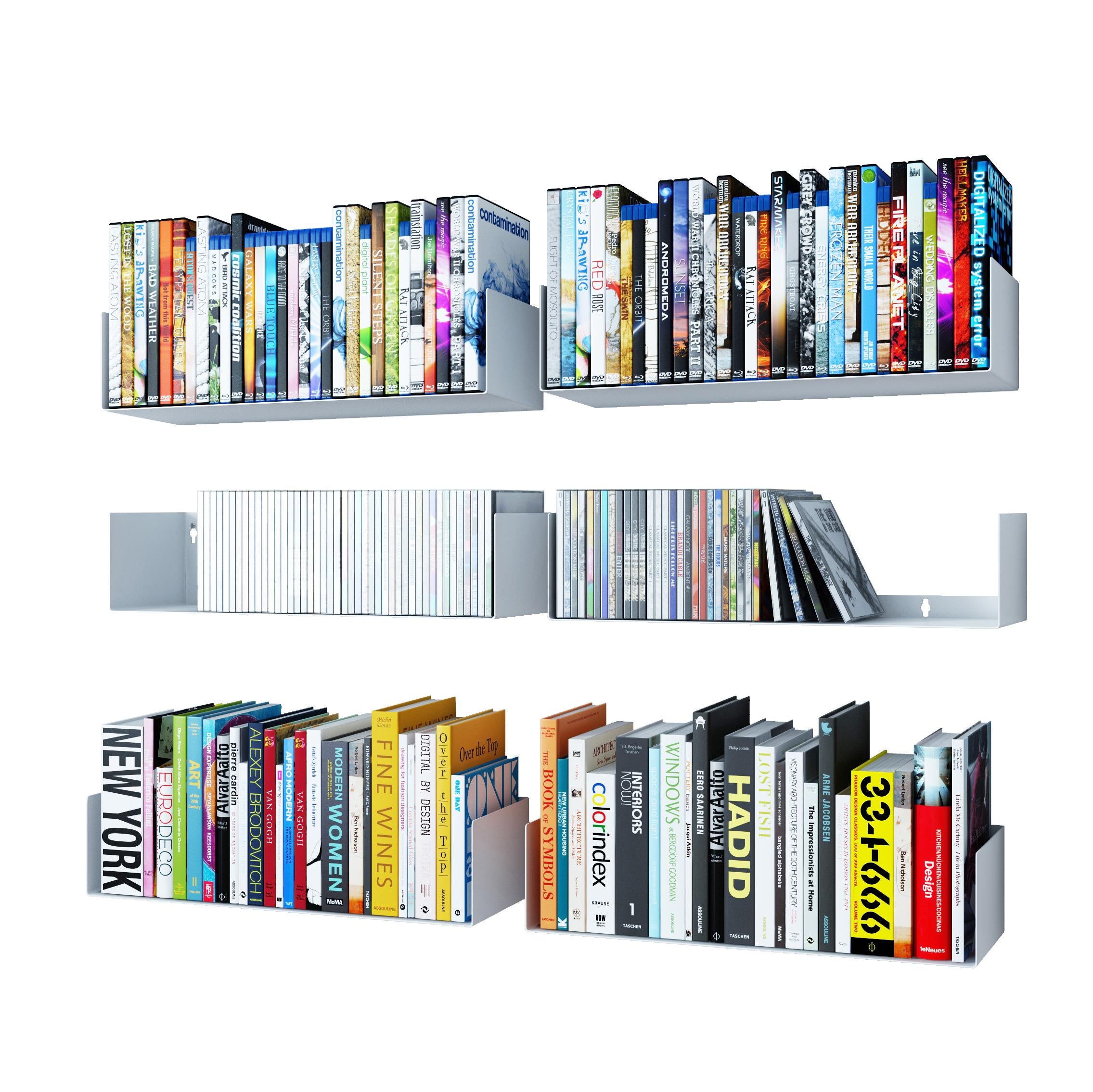 Wallniture Bali Floating DVD Shelf Media Organizer Set of 6 U-Shape Wall Shelves Metal Bookcase for CDs, Photos, Picture Frames