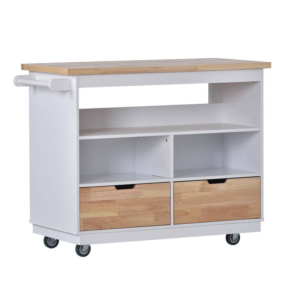 Polibi Large Storage Capacity White Kitchen Cart Rolling Mobile Kitchen Island Solid Wood Top with 2 Drawers Tableware Cabinet MB-LSCBK-W