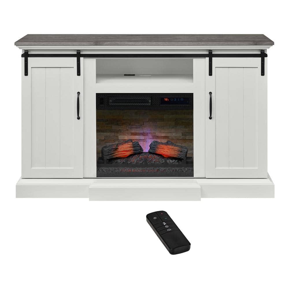 Home Decorators Collection Kerrington 60 in W Freestanding Media Console Electric Fireplace TV Stand in White with Gray Top