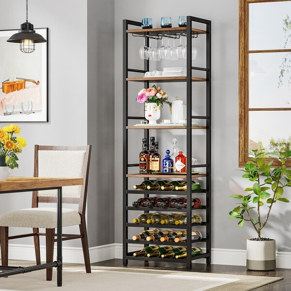 20 Bottle Freestanding Floor Wine Rack， 9 Tier Floor Liquor Cabinet with Glass Holder and Storage Shelves