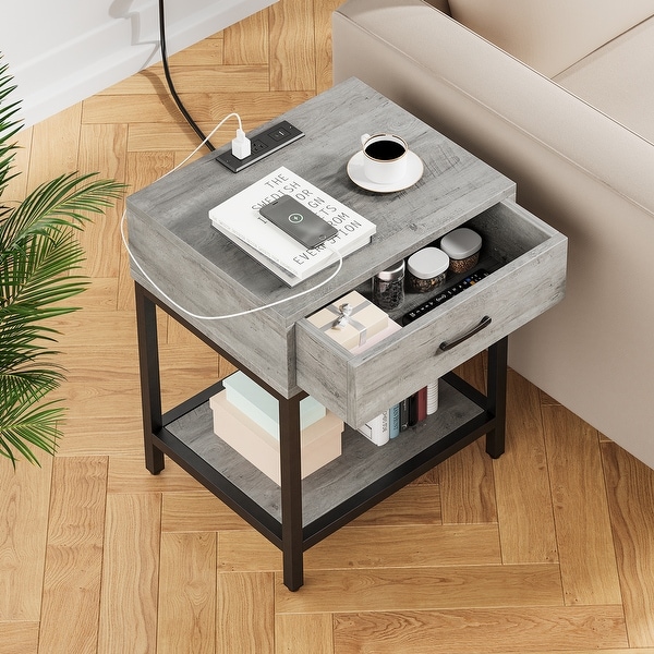 Nightstand-Bedside Table with Charging Station Type-CandUSB Ports， Modern End Table