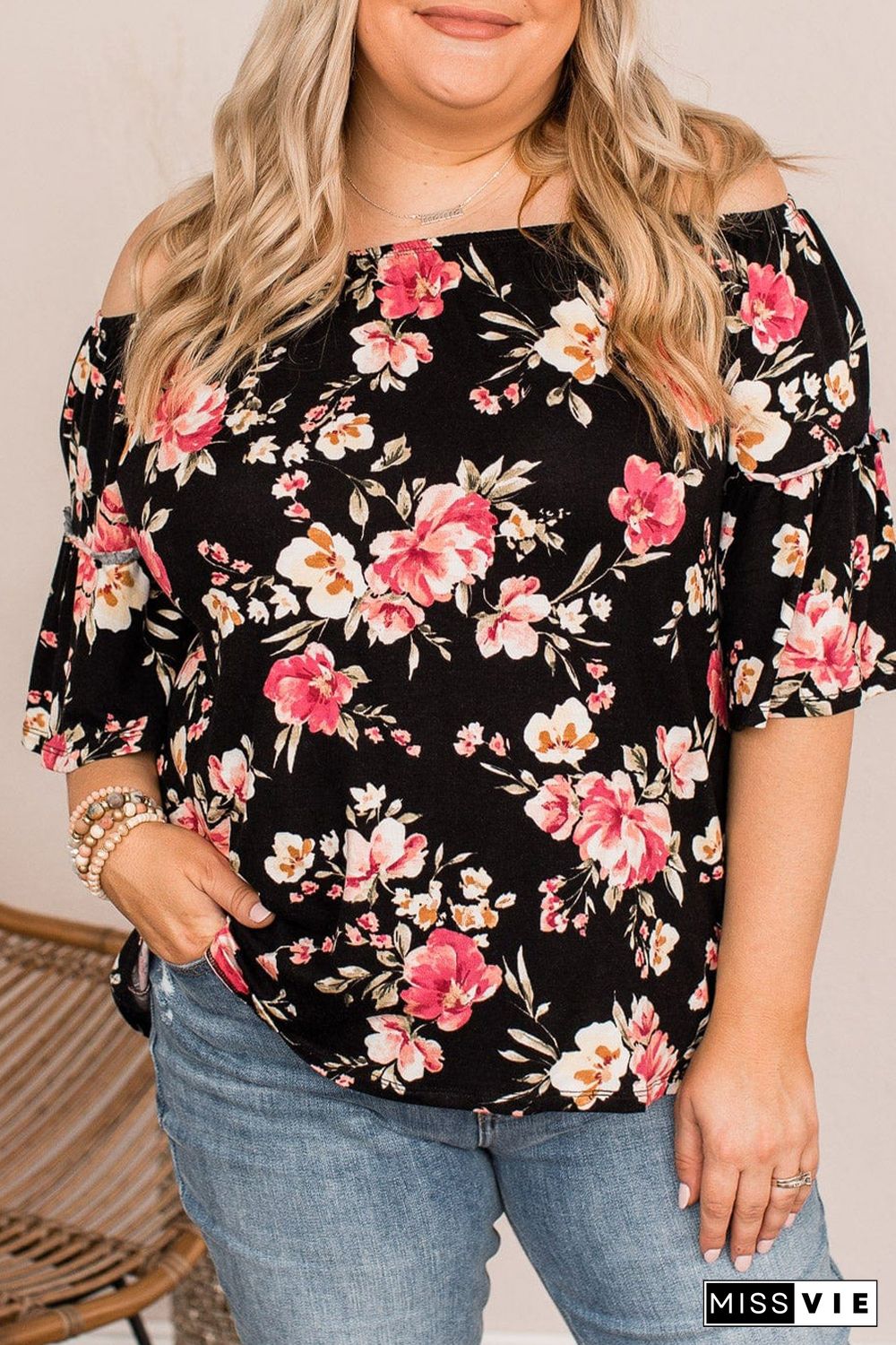 Black Floral Print Off Shoulder Plus Size Blouse