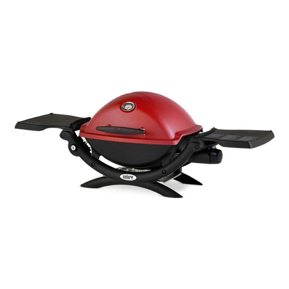 Weber Q1200 Liquid Propane Grill (Red) w/ Portable Cart  Hose Bundle