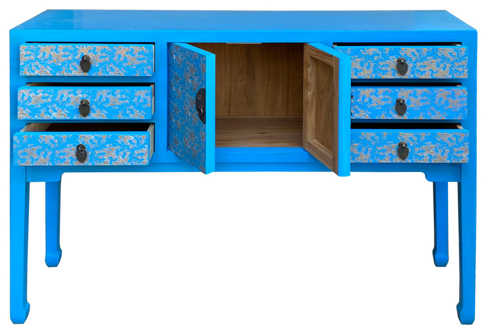 Bright Blue Lacquer Golden Flower Graphic Drawers Slim Foyer Side Table Hcs7153   Asian   Console Tables   by Golden Lotus Antiques  Houzz