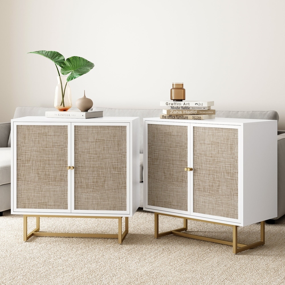 Nathan James Kova Natural Cane Rattan Doors Accent Cabinet with Metal Base and Adjustable Shelf