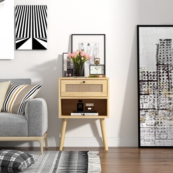 Rattan Nightstands with Rattan-Like Decor Drawer - - 37179233