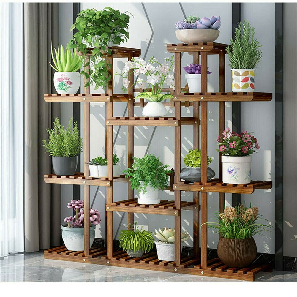 Large 11 Tiered Wood Plant Stand Carbonized Pot Shelf Holder