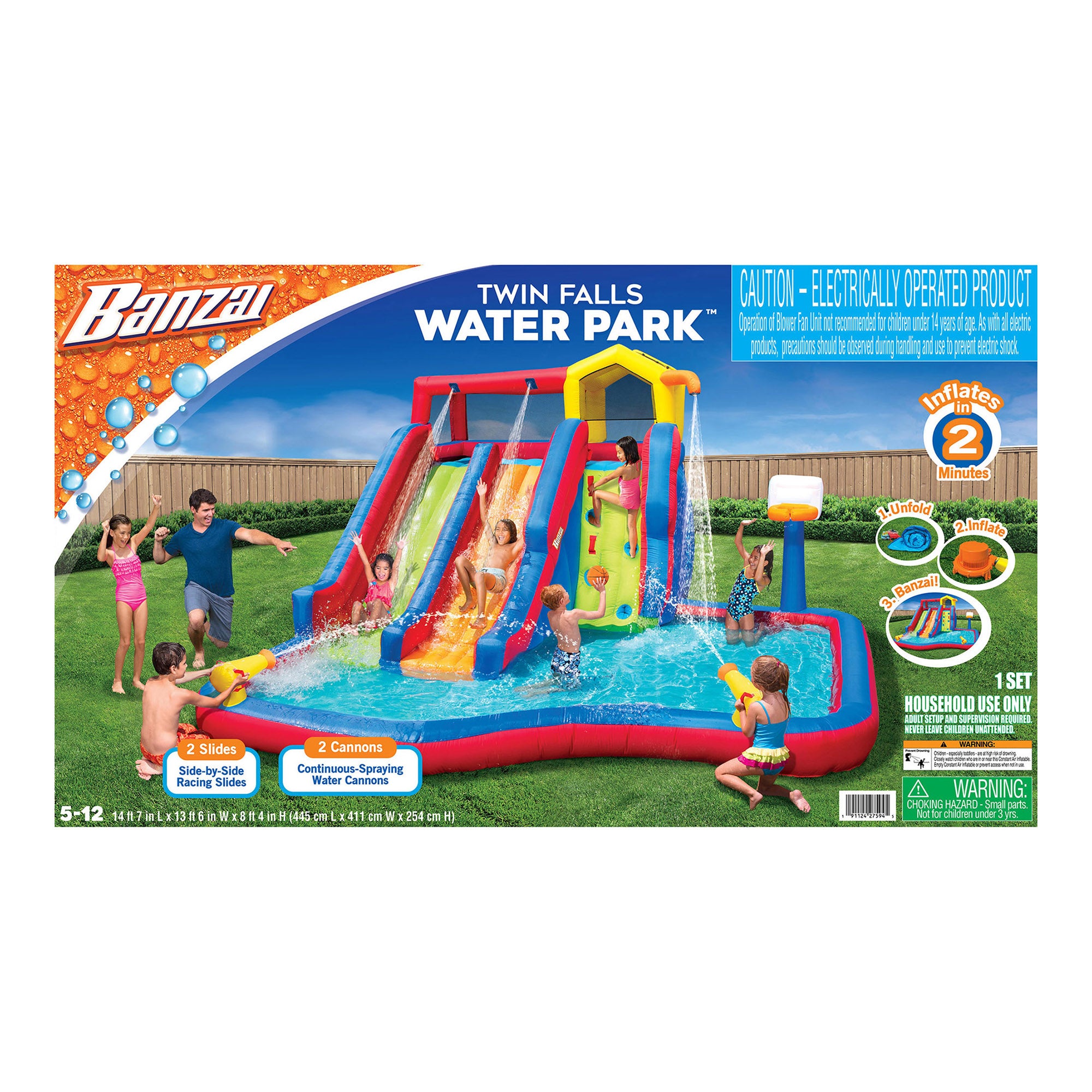 Banzai Twin Falls Kids Giant Outdoor Inflatable Dual Water Slide Splash Park Toy