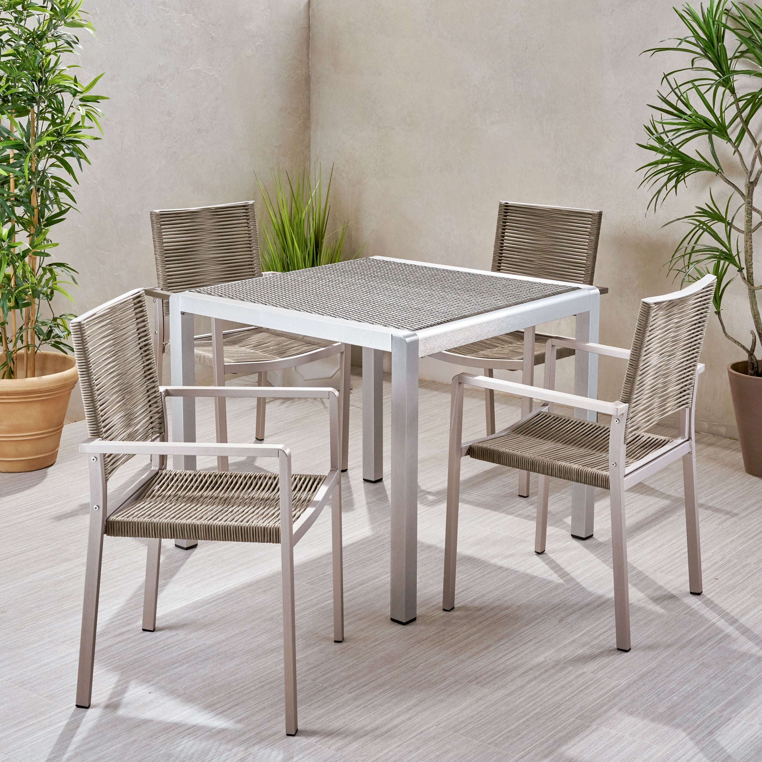 Danitza Outdoor Modern 4 Seater Aluminum Dining Set with Wicker Table Top